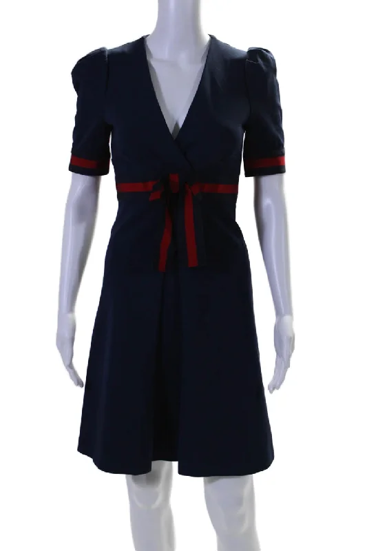 Reduced Prices Gucci Womens V Neck Short Sleeves A Line Dress Navy Blue Red