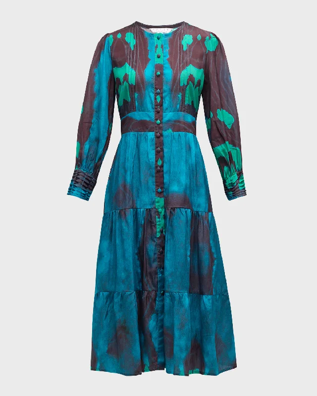 YEAR-End Sale Aelia Tiered Abstract-Print Pintuck Midi Dress