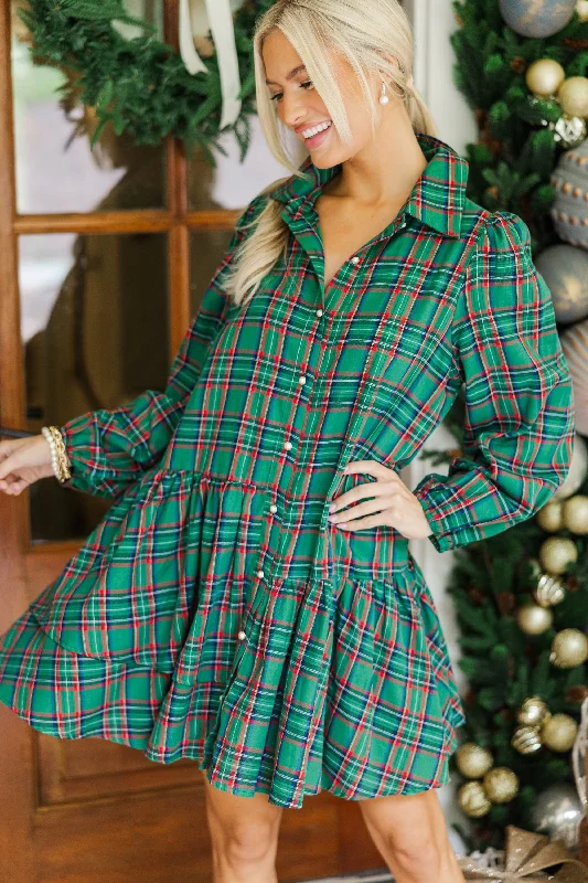 Don't Wait It's Your Place Green Plaid Button Down Dress