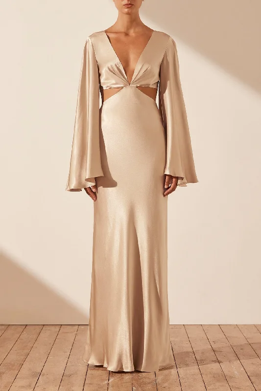 Deep Discounts LA LUNE FLARED SLEEVE OPEN BACK MAXI DRESS - GOLD