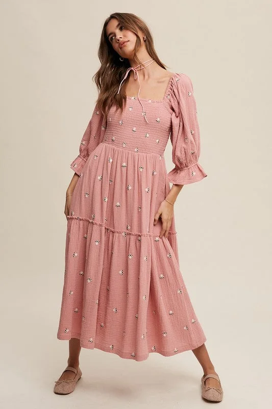 Flash Deals Ditzy Floral Embroidery Puff Sleeve Maxi Dress