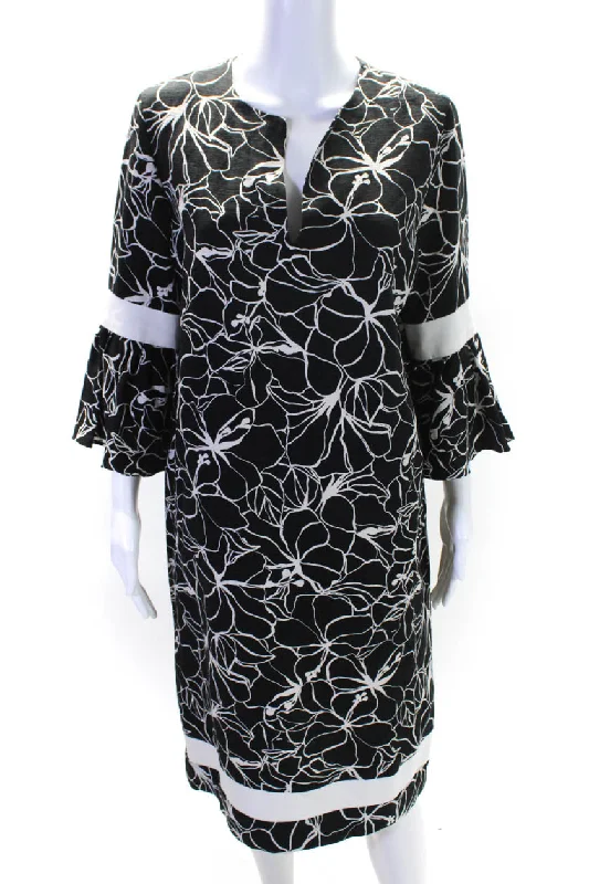 Price Cut Carolina Herrera Womens Floral Striped Hem Flare Pleat Sleeve Dress Black