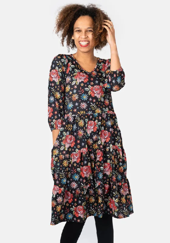 Now or Never Rosa Embroidered Rose Print Tiered Hem Dress