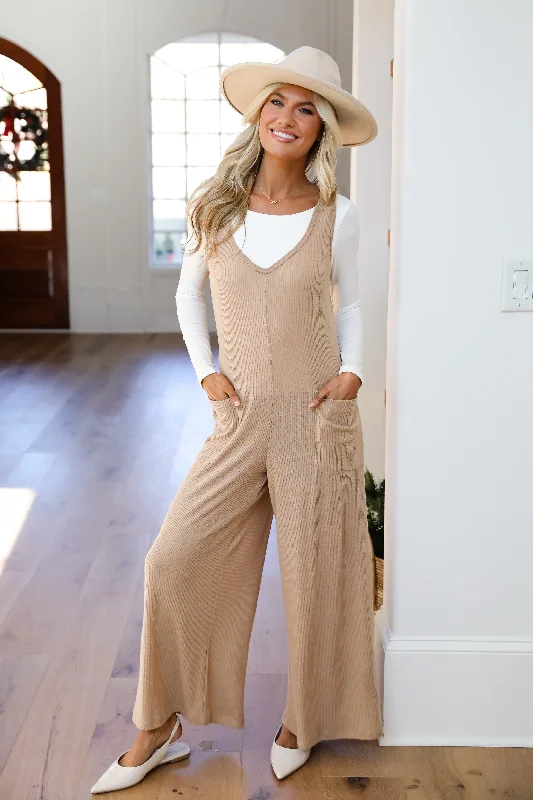 Daily Deals Seriously Chill Taupe Ribbed Knit Jumpsuit