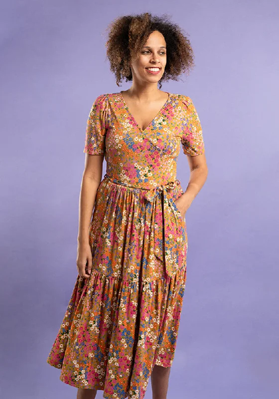 Price Drop Houston Mustard Ditsy Print Tiered Hem Viscose Midi Dress