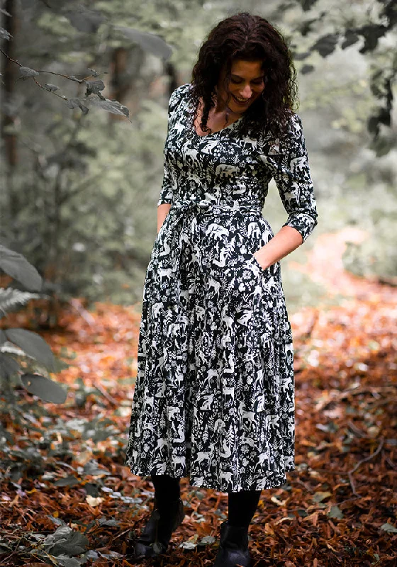Lowest Price Pecan Green Winter Woodland Print Cotton Tiered Hem Midi Dress