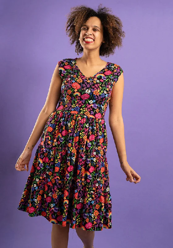 Price Fest Liv Rainbow Garden Print Tiered Hem Cotton Dress