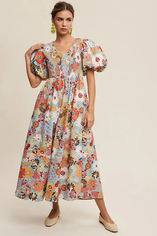 Final Markdown Flower Print Smocked V-neck Puff Sleeve Maxi Dress
