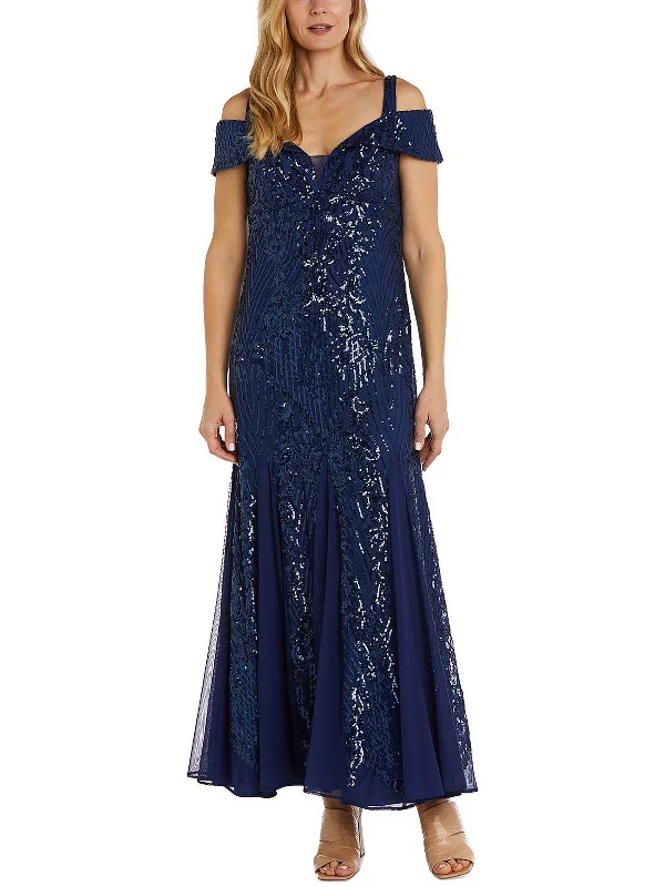 Huge Discounts Womens Sequined Cold Shoulder Evening Dress