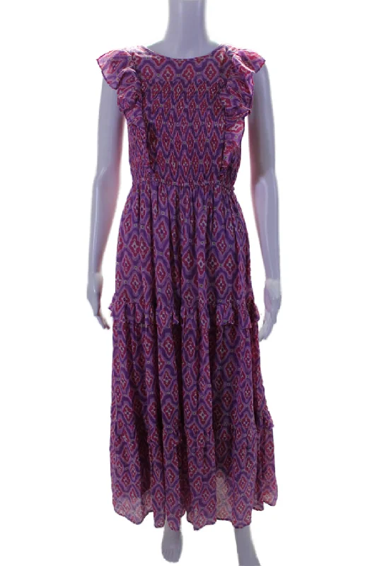 Seasonal Sale Banjanan Women's Round Neck Sleeveless Smocked Ruffle Maxi Dress Floral
