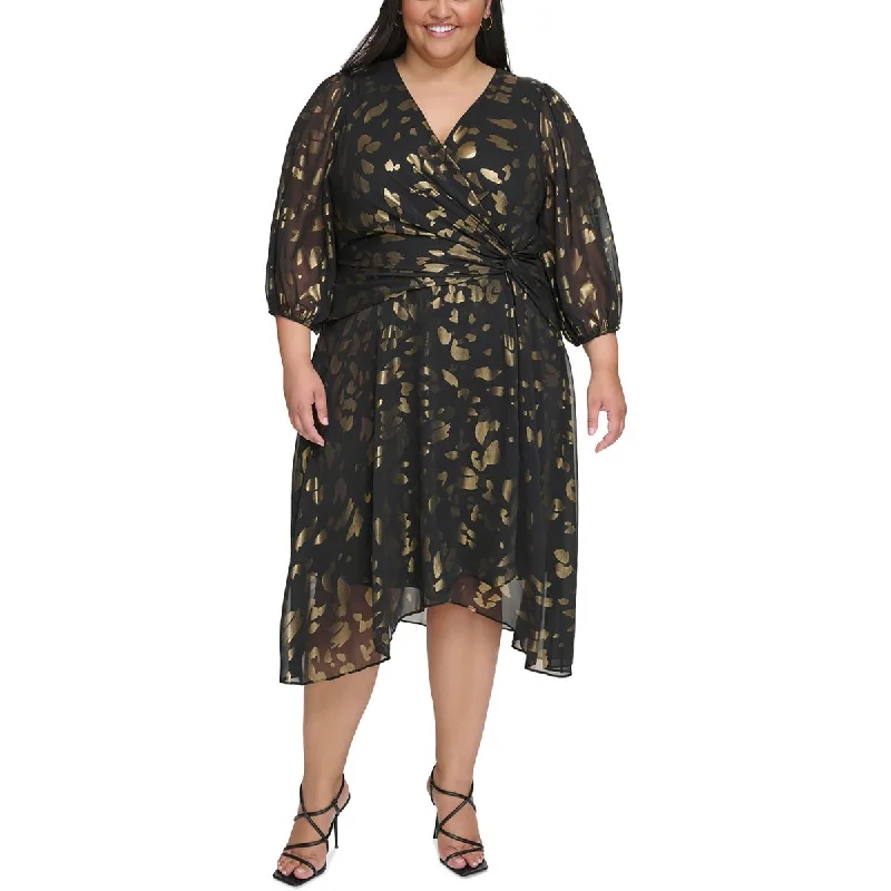 Referral Discount Plus Womens Faux Wrap Hi-Low Fit & Flare Dress