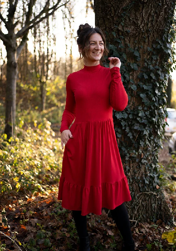 Special Savings Lilah Red Turtle Neck Tiered Hem Dress