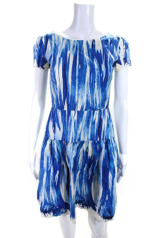 Inventory Reduction Oscar de la Renta Womens Short Sleeve Abstract Print A Line Dress Blue