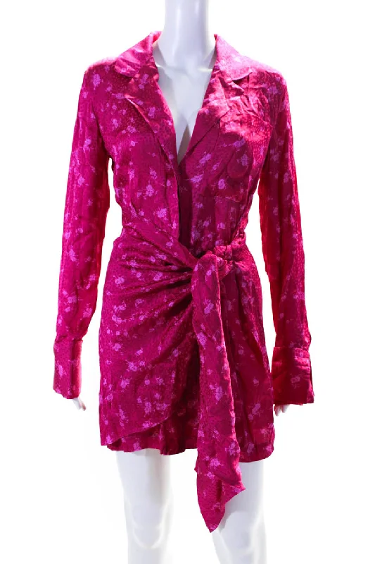 Deal Frenzy Acler Womens Fuschia Floral Print V-Neck Tie Front Long Sleeve Shift Dress
