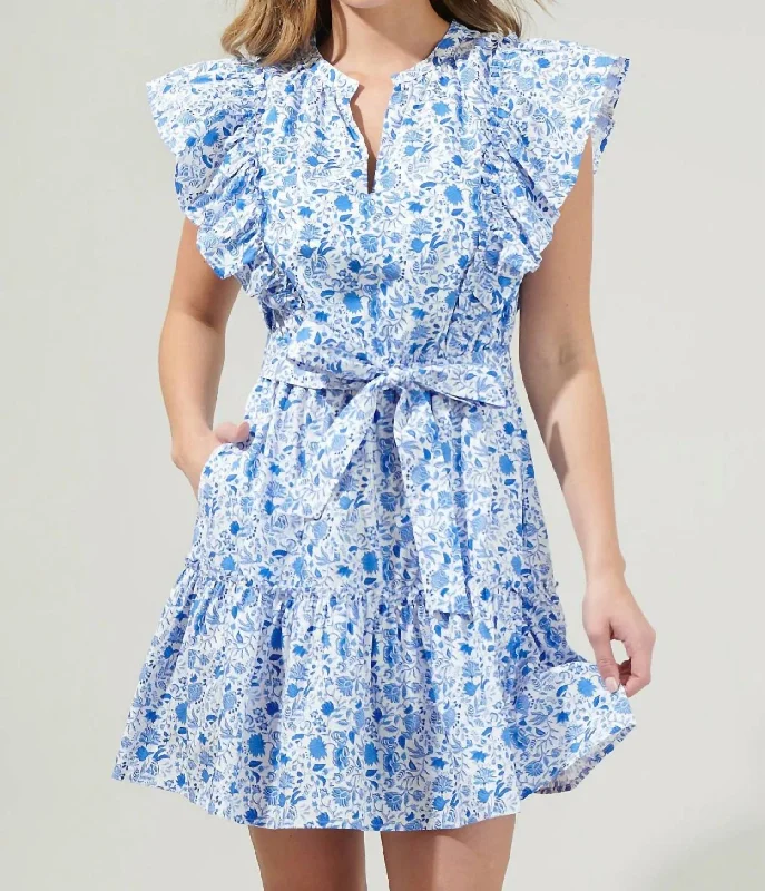 Special Price Luray Floral Ruffle Mini Dress In Blues White