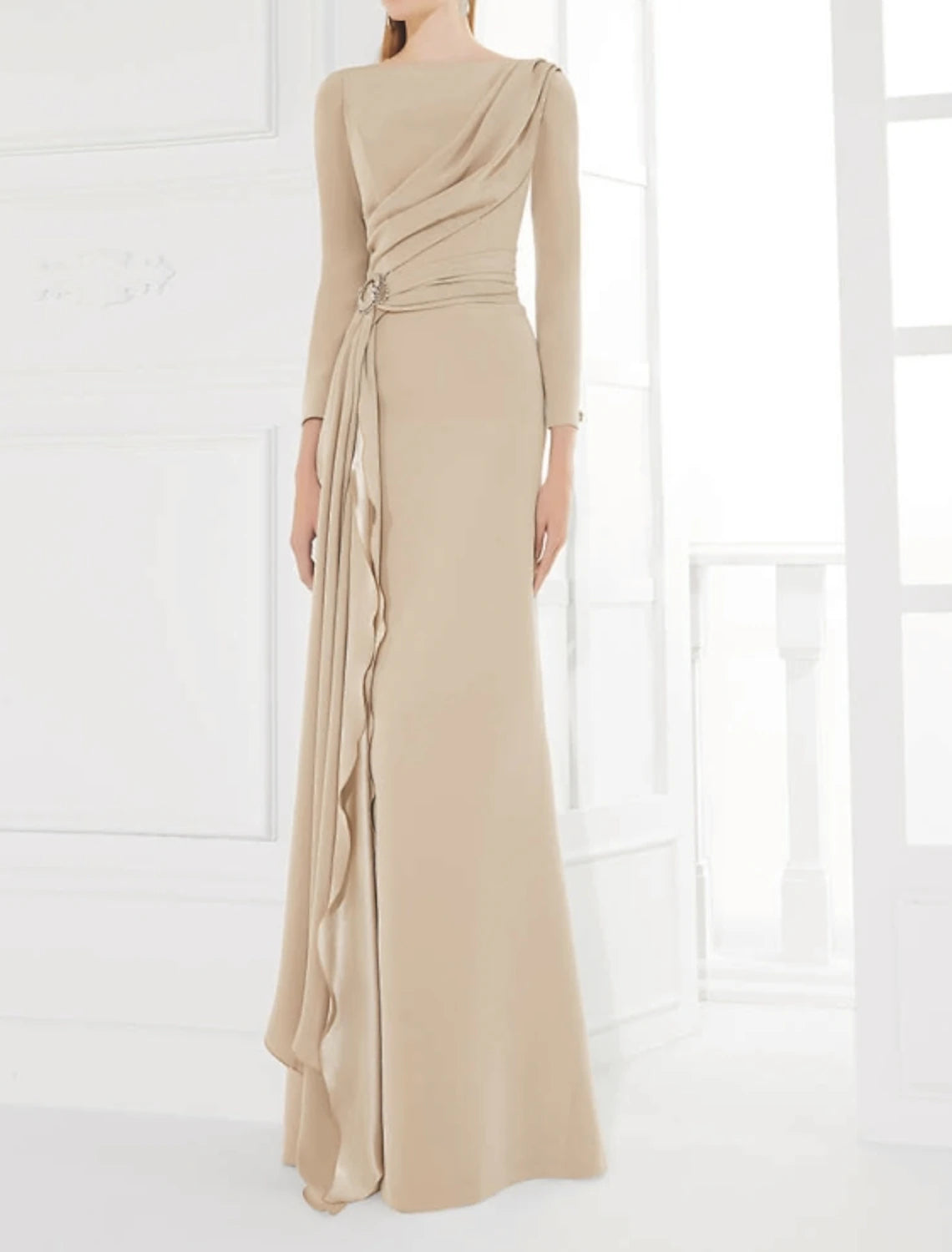 Steals and Deals Sheath / Column Mother of the Bride Dress Elegant Jewel Neck Floor Length Chiffon Satin 3/4 Length Sleeve with Pleats Ruching