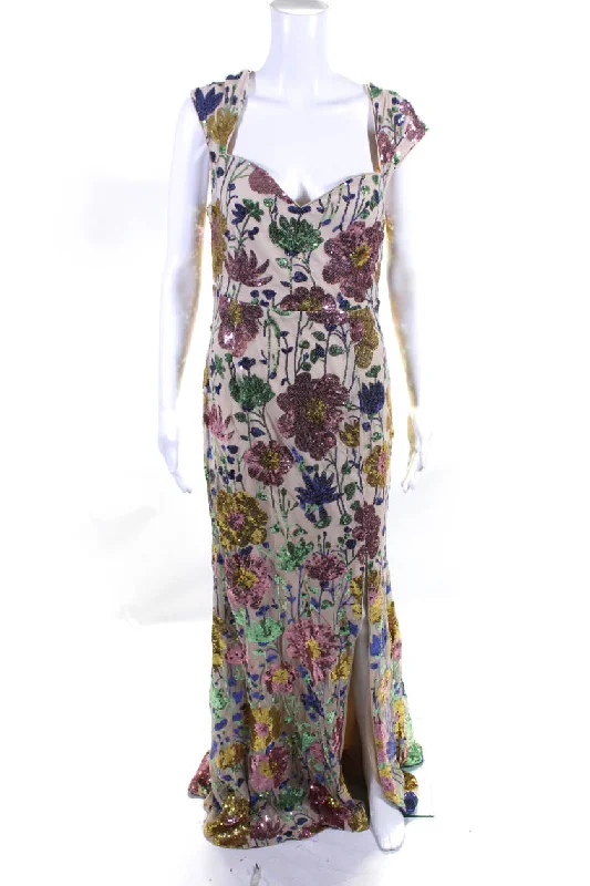 Online Only Faeriesty Womens Floral Sequin Cap Sleeved Mermaid Gown Beige Blue Pink