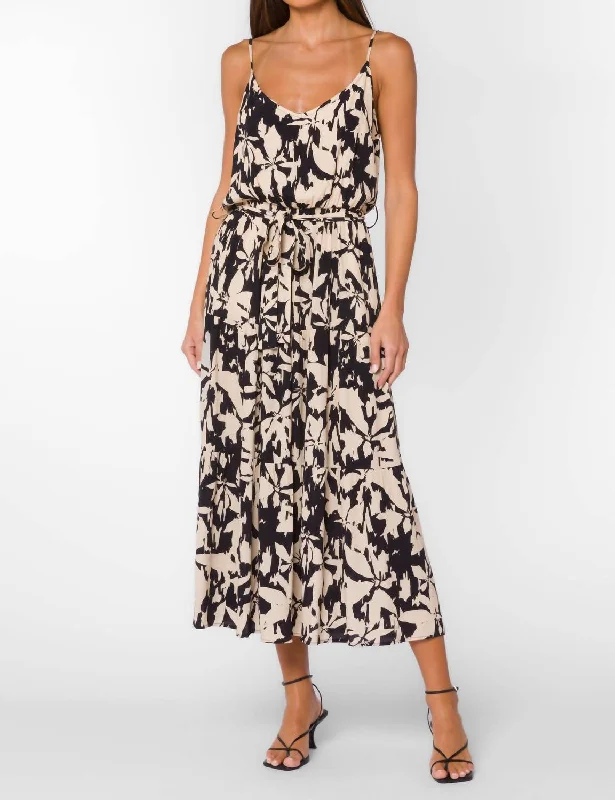 Limited Time Barbados Floral Midi Dress In Black/cream