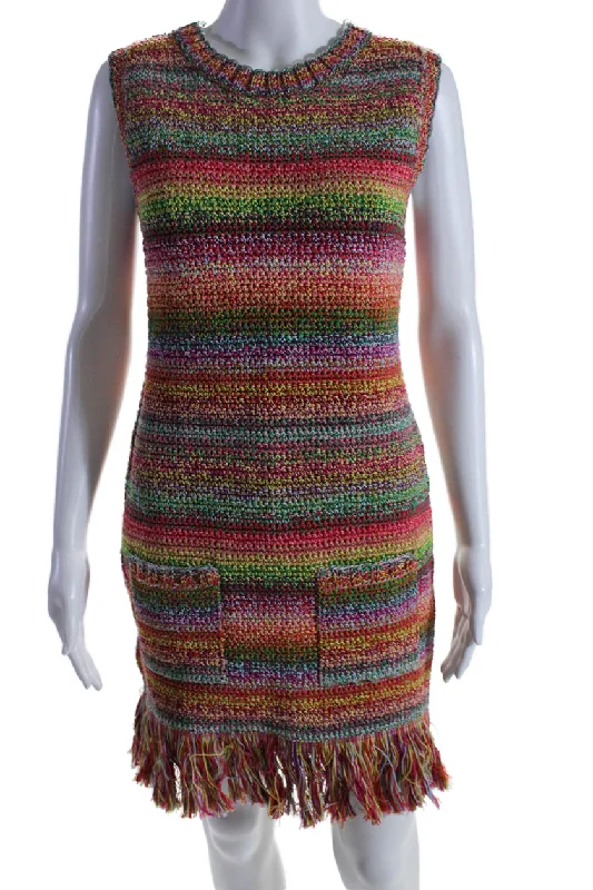 Price Meltdown Oscar de la Renta Womens Crew Neck Crochet Knit Fringe Dress Multicolored