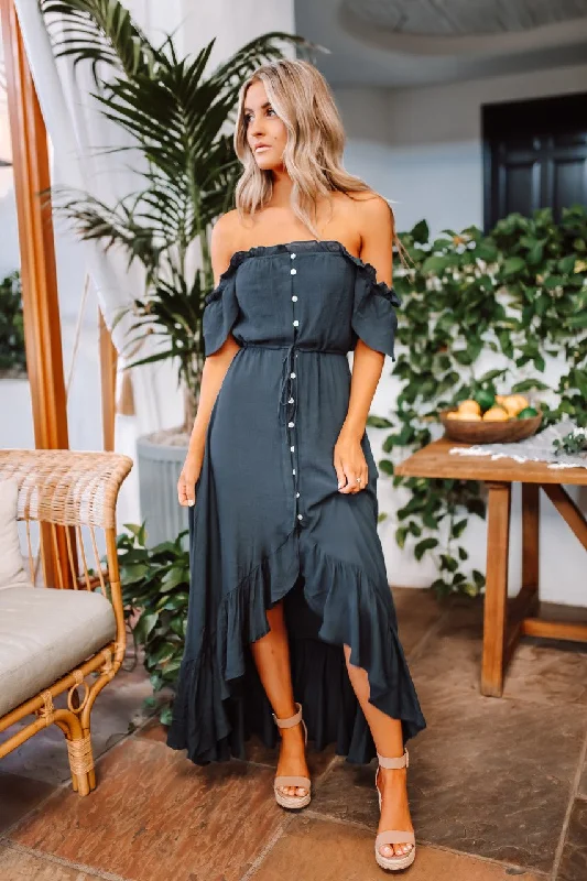 Blowout Sale Navy High Low Dress: Off The Shoulder Button Down Maxi