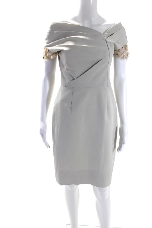 Flash Deals Lela Rose Womens Beaded Pleated Asymmetrical Sleeveless Dress Beige