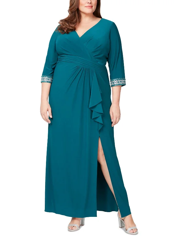 Act Now Plus Womens Matte Jersey Embellished Evening Dress