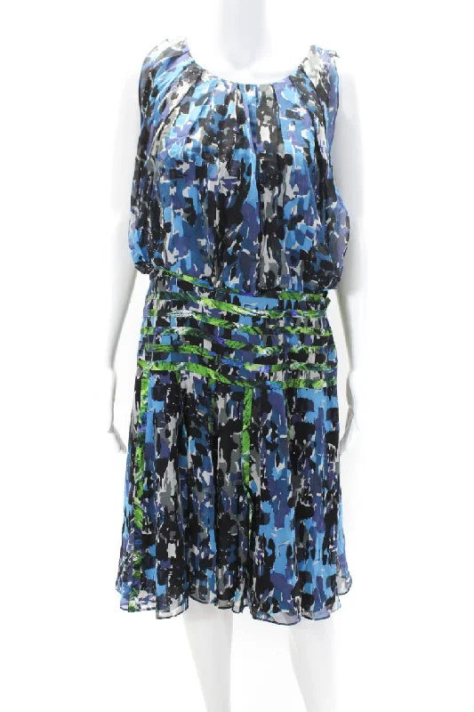 Unbeatable Prices Oscar de la Renta Womens Chiffon Sleeveless A Line Dress Blue Green