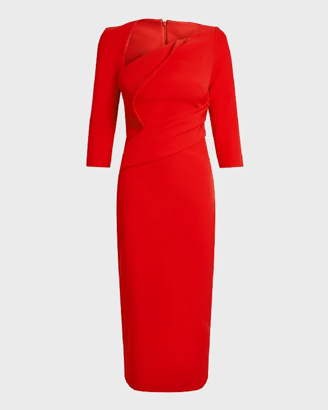 Buy Now Duan Draped One-Shoulder 3/4-Sleeve Midi Cocktail Dress