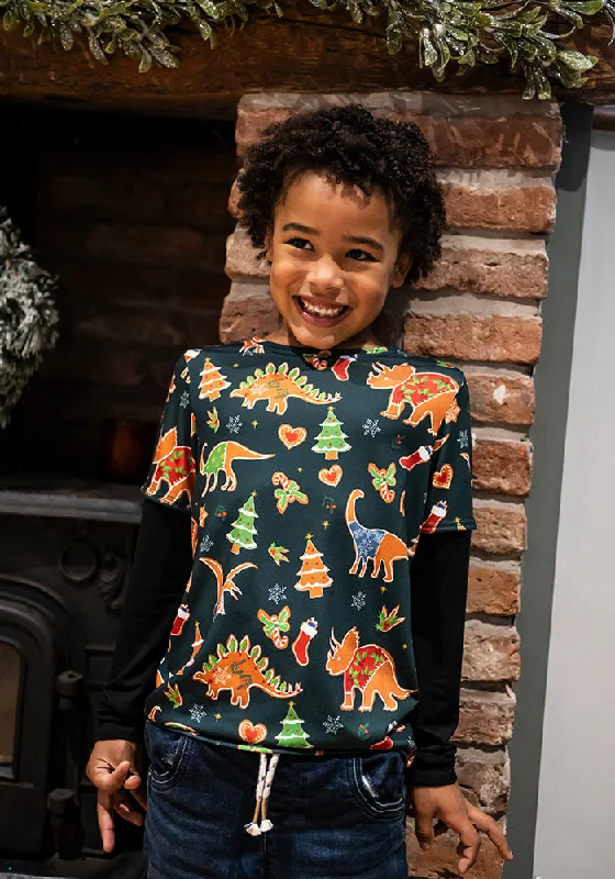 Midnight Sale Children's Green Gingerbread Dinosaur Print  T-Shirt (Santasaurus)