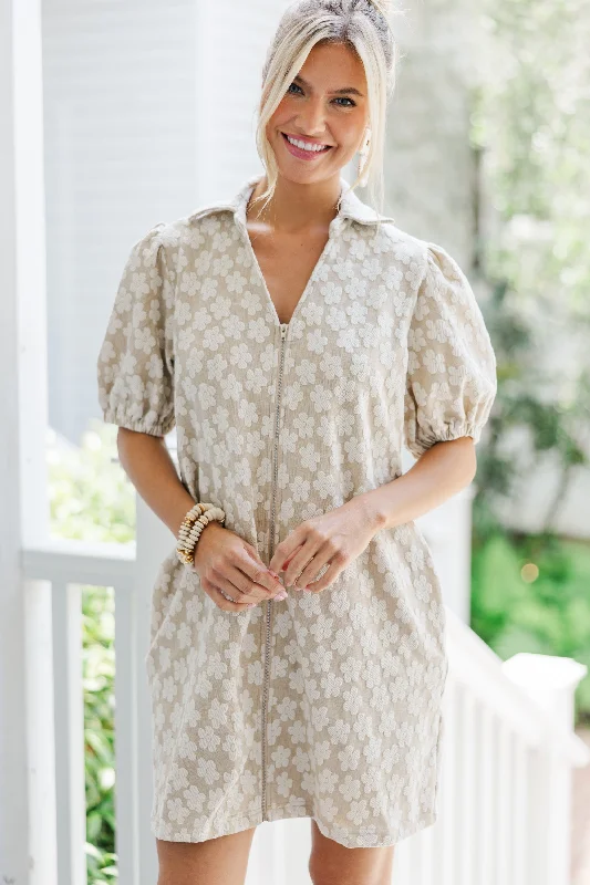 Deep Discounts It's A Match Oatmeal Brown Floral Dress