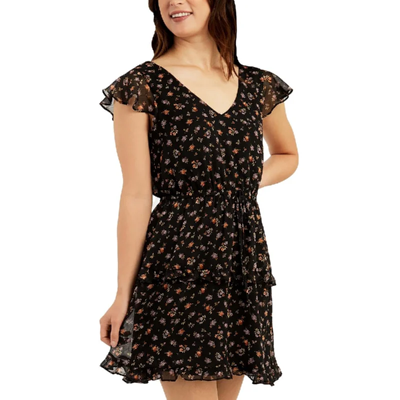 Special Discount Juniors Womens Floral Print Draw String Waist Babydoll Dress