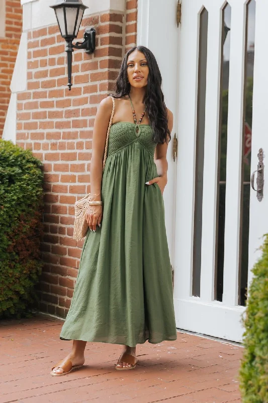 Early Bird Discount Olive Halter Beaded Ruched Maxi Dress - FINAL SALE