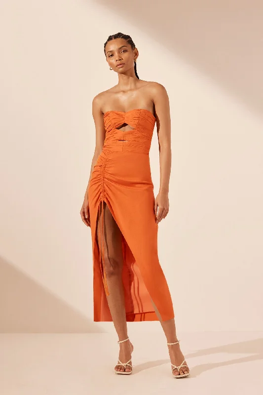 Quick Sale SOLLER STRAPLESS CUT OUT DRAWSTRING MIDI DRESS - TANGERINE