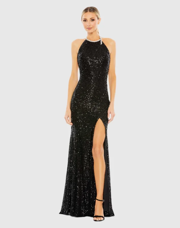 Shop and Save Black Sequined High Neck Rhinestone Trim Column Gown
