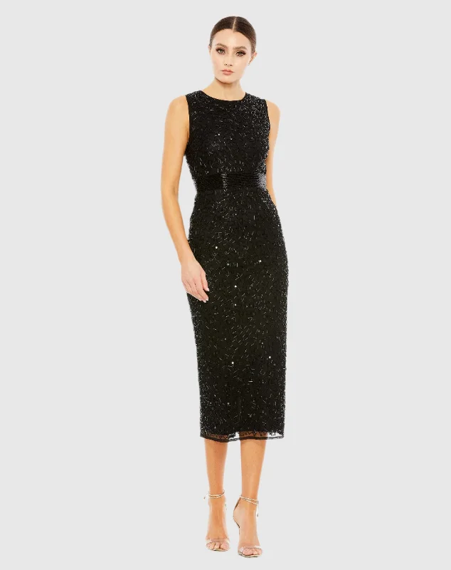 Big Savings Black Geometric Embellished Sleeveless Column Dress