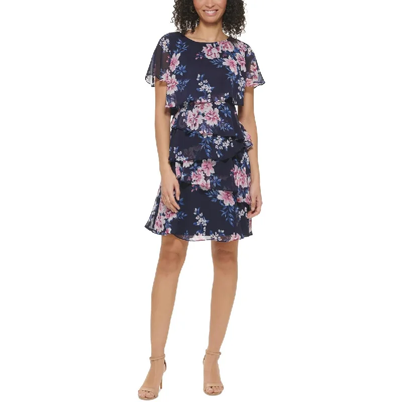 Grand Opening Sale Petites Womens Floral Print Tiered Wear To Work Dress
