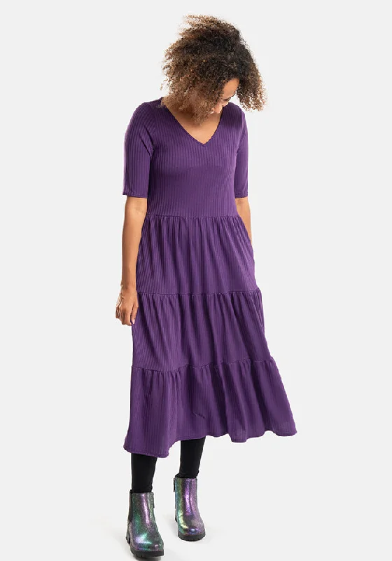The Best Prices Arlet Plain Purple Tiered Hem Relaxed Fit Midi Dress