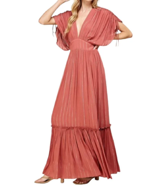 Exclusive Savings Ruched Tiered Lurex Insert Maxi Dress In Berry