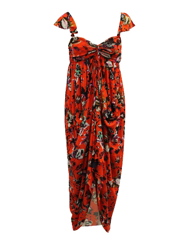 Steals and Deals Diane Von Furstenberg Sweetheart Neckline Draped Floral Dress in Orange Nylon
