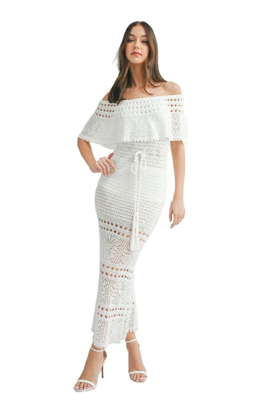 Season Finale Sale KNIT CROCHET OFF SHOULDER MAXI DRESS