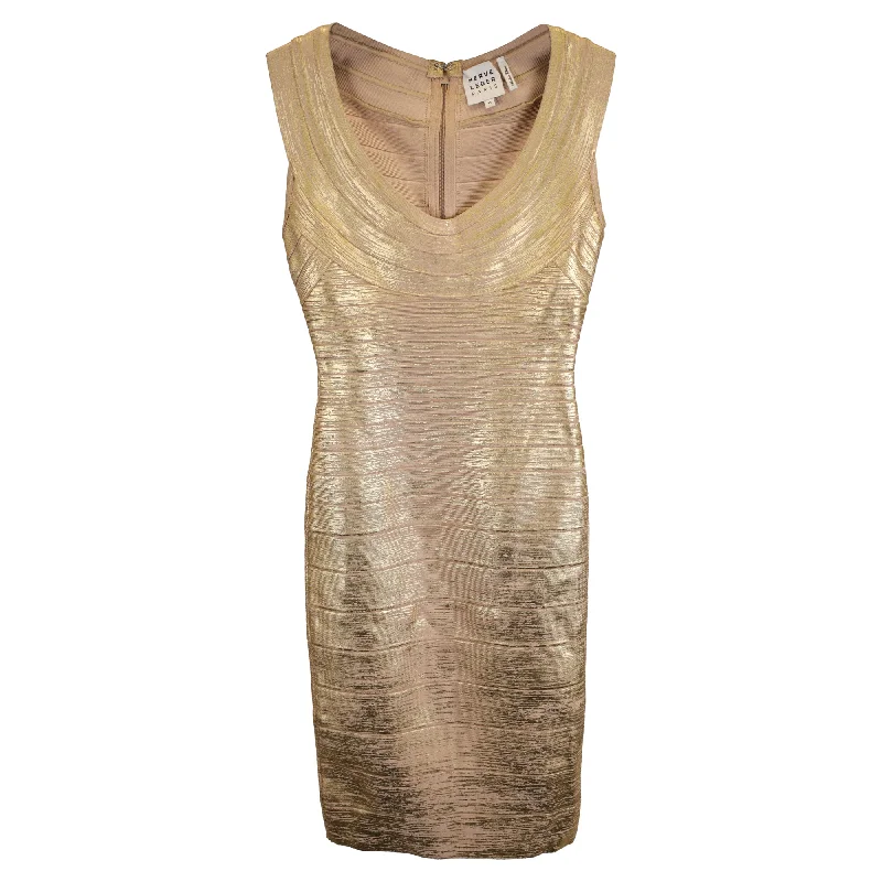 Final Sale Herve Leger Mini Foil Accent Scoop Neck Bandage Dress in Metallic Gold Rayon