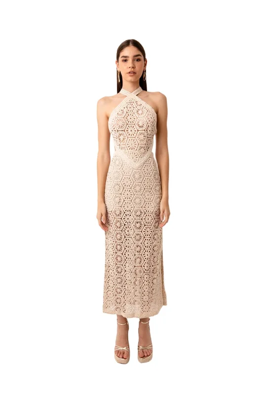 Best Bargains Tuscany Crochet Lace Cut Out Halter Maxi Dress