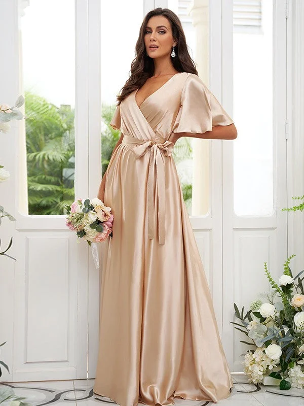 Weekend Special A-Line/Princess Silk like Satin Sash/Ribbon/Belt V-neck Short Sleeves Floor-Length Bridesmaid Dresses