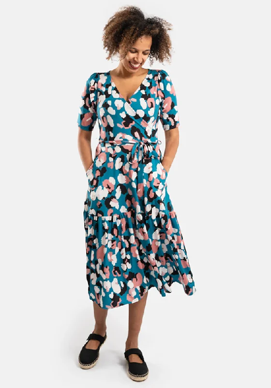 Referral Discount Odine Pretty Animal Print Tiered Hem Midi Dress