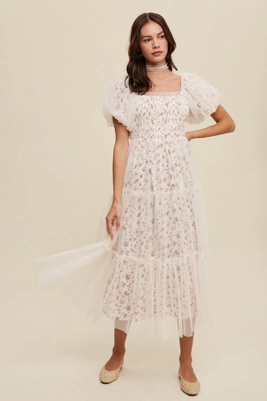 Weekend Deal Floral Print and Mesh Puff Sleeve Maxi Dress