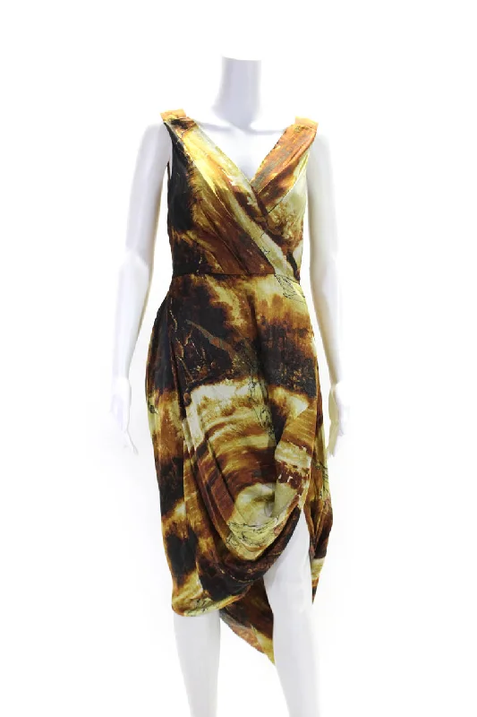 Final Markdown Gary Graham Womens Silk Abstract Print Draped Side Zipped Maxi Gown Brown