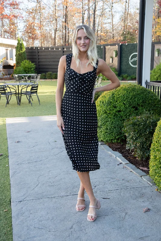 Stock Clearance Cami Bustier Midi Dress, Black/Cream Dot