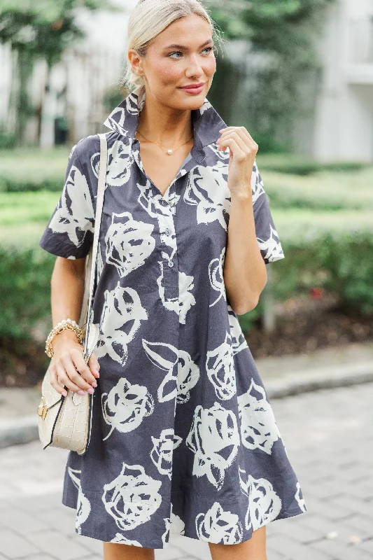 Stock Up and Save Back To You Charcoal Gray Floral Dress