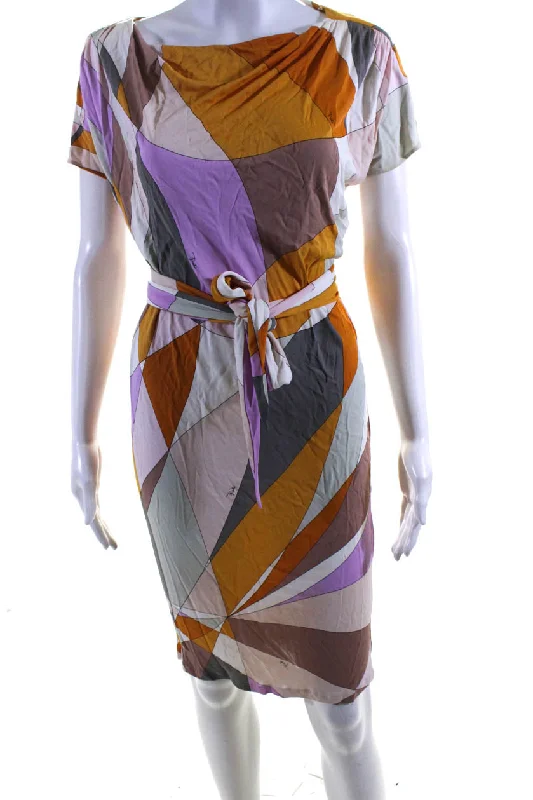Unbeatable Prices Emilio Pucci Womens Short Sleeve Abstract Belted Knit Dress Multicolored