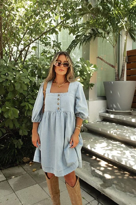 Last Chance Denim Button Detail Babydoll Mini Dress